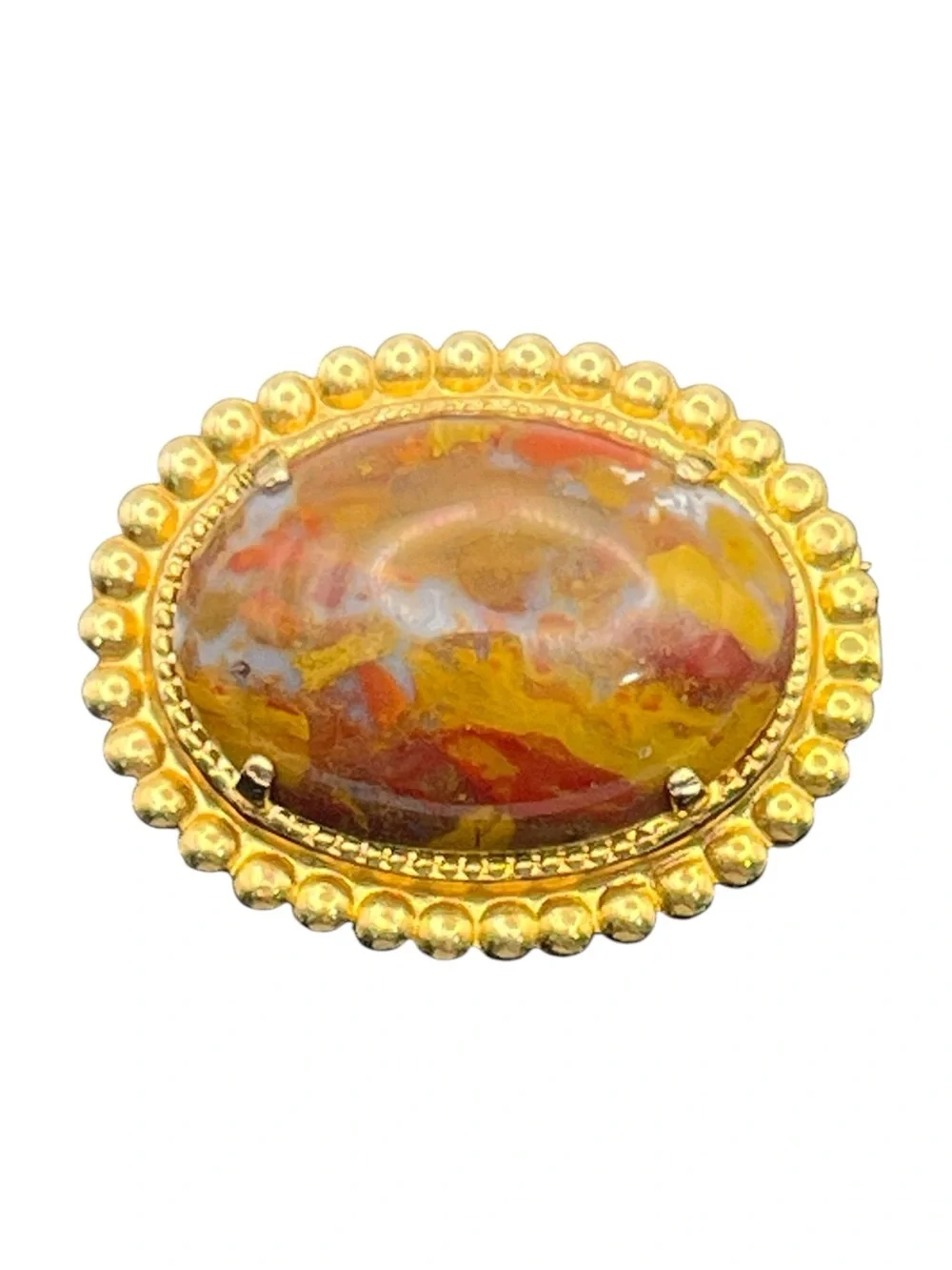 Orange red oval faux stone beaded scalloped edge gold tone vintage brooch pin